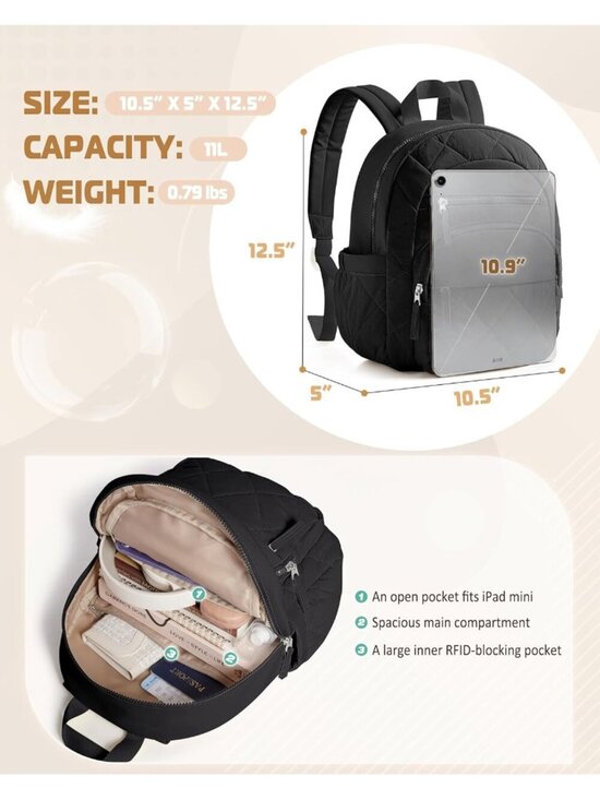 Women\'s Black lightweight taslan fabric Zipper Quilted Backpack College Bag main image 6